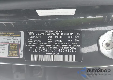 2016 Kia Optima Ex z USA, uszkodzony, nr VIN 5XXGU4L31GG094589